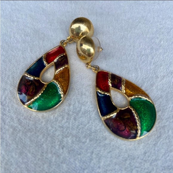 Gold-toned Teardrop Muli-colored Dangle Statement Earrings - Picture 6 of 9